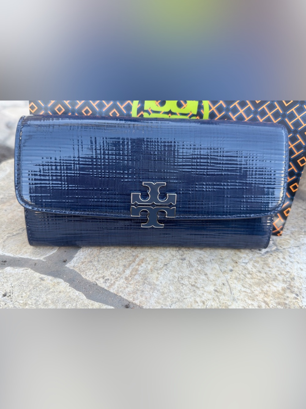 Tory Burch Navy Patent Leather Logo Clutch